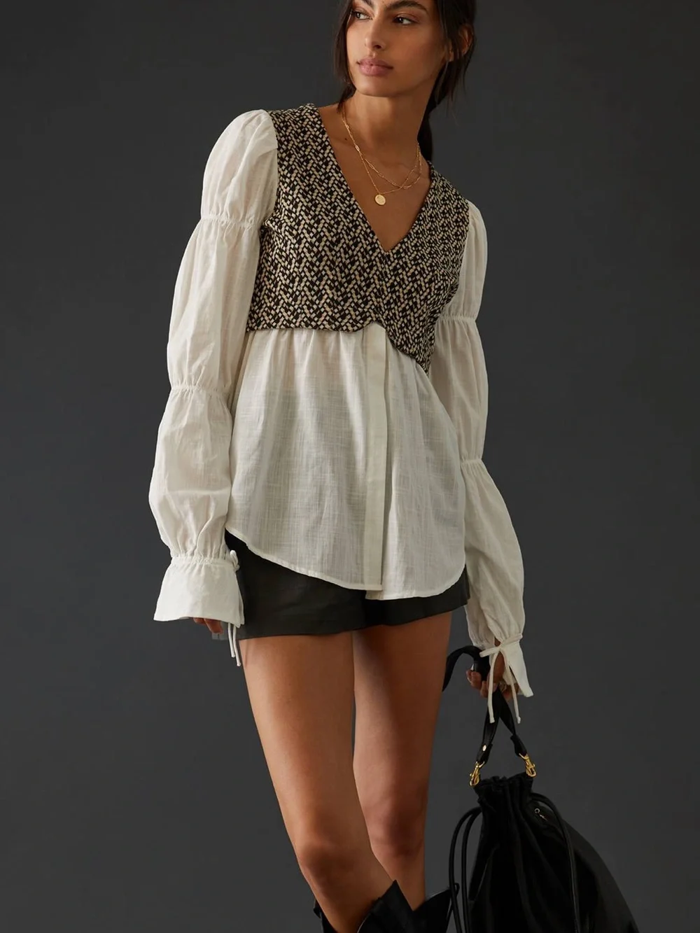 By Anthropologie Layered Jacquard Vest & Blouse, Puff Sleeve Office Streetwear